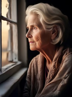 An elderly woman sits in her old flat and looks bored out of the window, loneliness, poverty in old