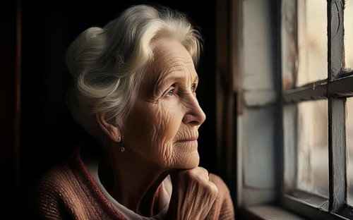 An elderly woman sits in her old flat and looks bored out of the window, loneliness, poverty in old