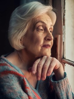 An elderly woman sits in her old flat and looks bored out of the window, loneliness, poverty in old