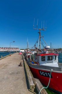 Bagenkop harbour, Langeland island, Funen, fishing boat, jetty, holiday homes, Danish South Sea,