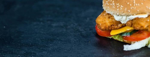 Fish Burger on a slate slab (close-up shot, selective focus)