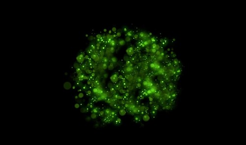 Abstract digital art with green glowing light particles on a black background, background image