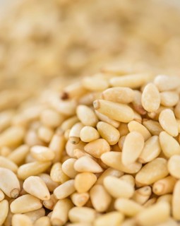 Portion of fresh Pine Nuts (close-up shot, selective focus)