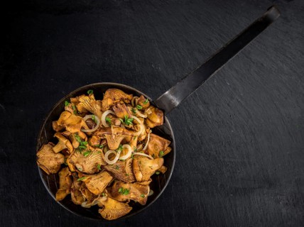 Portion of Fried Chanterelles on a rustic slate slab, selective focus, close-up shot