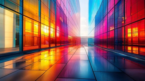 A vibrant corridor between glass buildings reflecting colorful hues and illuminated by warm