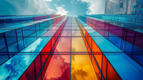 Modern glass building with colored panels reflecting clouds and sky, creating a vivid atmosphere,