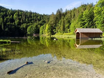 Morning atmosphere, reflection, boathouse at the Toplitzsee, Salzkammergut, Styria, Austria, Europe