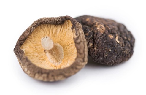 Dried Shiitake mushrooms isolated on white background, selective focus, close-up shot