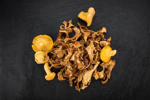 Portion of Dried Chanterelles as detailed close up shot on a slate slab, selective focus