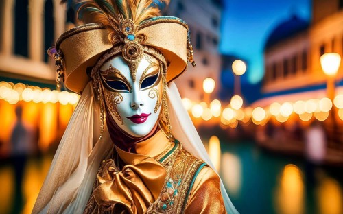 A woman with mask and costume at the carnival in Venice at night, AI generated, AI generated