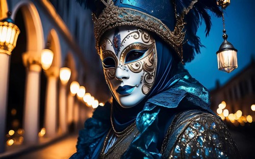 A woman with mask and costume at the carnival in Venice at night, AI generated, AI generated