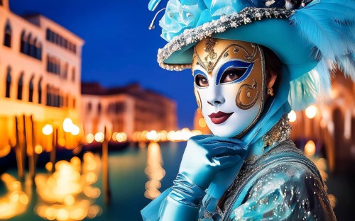 A woman with mask and costume at the carnival in Venice at night, AI generated, AI generated