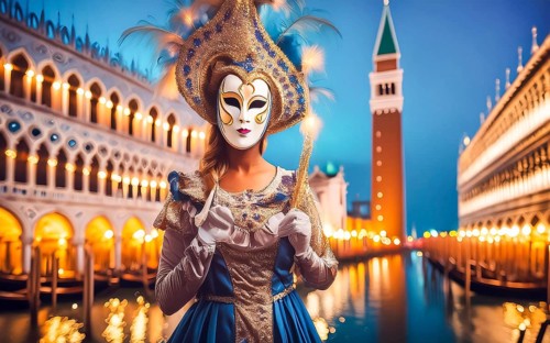A woman with mask and costume at the carnival in Venice at night, AI generated, AI generated