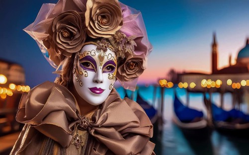 A woman with mask and costume at the carnival in Venice at night, AI generated, AI generated