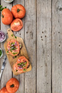Portion of fresh Tomato Sandwich (selective focus, close-up shot)