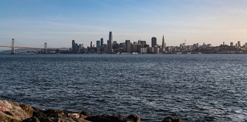 San Francisco and the Oakland Bay Bridge. View from Treasure Island