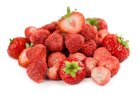 Fresh made Strawberries (dried) isolated on white background, close-up shot