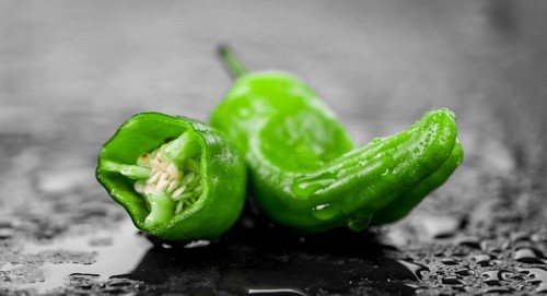 Portion of Raw Pimientos on a rustic slate slab, selective focus, close-up shot