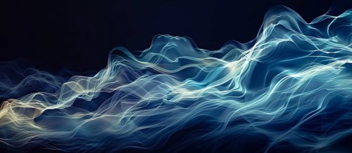 Abstract digital art with blue and white flowing waves creating an ethereal and serene atmosphere,