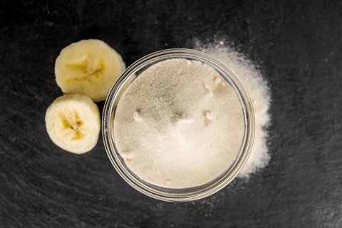 Portion of fresh Banana Powder close-up shot, selective focus