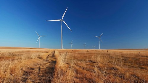 View of a wind turbines farm, AI generated