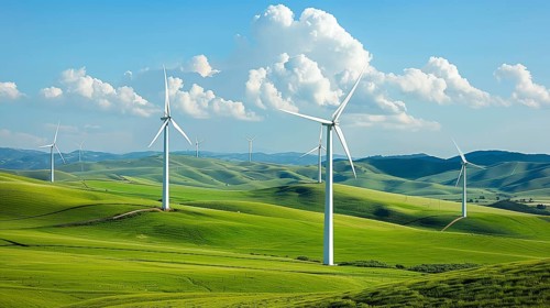 View of a windmill park, AI generated