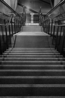 Stairs to the underground, black and white, Cologne, Germany, Europe