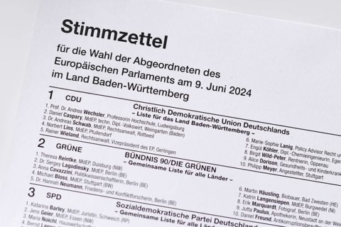 Germany, May 2024: German ballot paper for Elections to the European Parliament. 'Europawahl' in