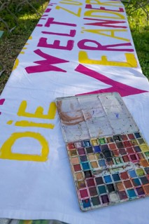 Preparation of banners for the democracy festival to mark 75 years of the Basic Law, Franconia,