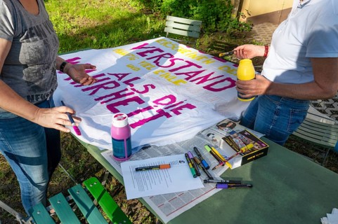 Preparation of banners for the democracy festival to mark 75 years of the Basic Law, Franconia,