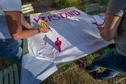 Preparation of banners for the democracy festival to mark 75 years of the Basic Law, Franconia,