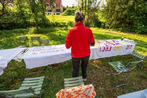 Preparation of banners for the democracy festival to mark 75 years of the Basic Law, Franconia,