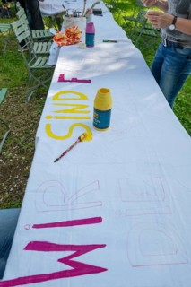 Preparation of banners for the democracy festival to mark 75 years of the Basic Law, Franconia,