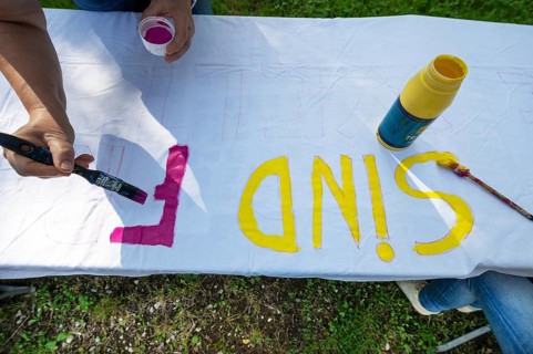 Preparation of banners for the democracy festival to mark 75 years of the Basic Law, Franconia,