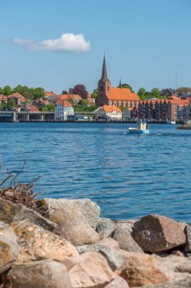 Sonderborg, Als, town of Sonderburg, St. Mary's Church, harbour promenade, fishing boat, boulders,