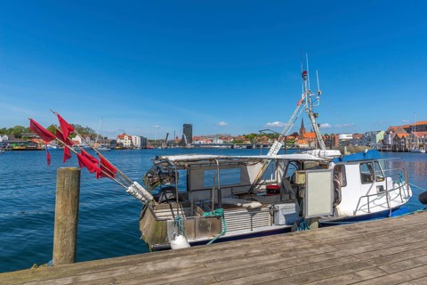 Sonderborg, Als, Sonderburg, cityscape with harbour, fishing boat, waterfront, Alsen Island,