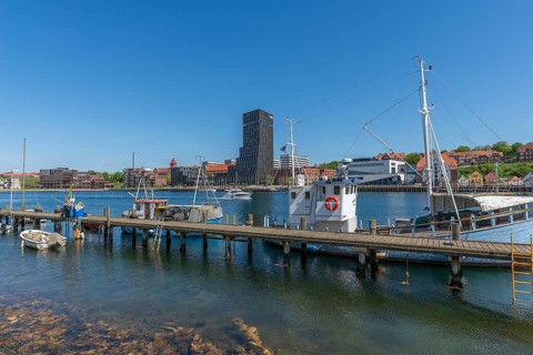 Sonderborg, Als, town of Sonderburg, fishing boats, jetty, modern architecture, Alsikhotel with