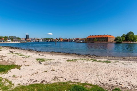 Sonderborg, Als, townscape of Sonderburg, beach, shore, brick building of Sonderburg Castle, Museum