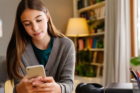 A girl in a grey jumper sits in front of a bookshelf and concentrates on using her smartphone, AI