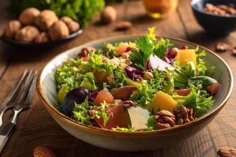 A fresh salad with nuts, cheese and fruit on a wooden table. Healthy and varied diet, AI generated,