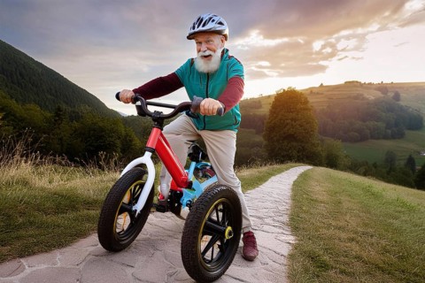 A man joyfully rides a red tricycle on a cobbled path through a picturesque landscape at sunrise,