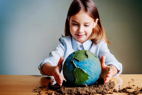 A girl forms a globe out of earth and moss as she looks curiously and smiles, AI generated, AI