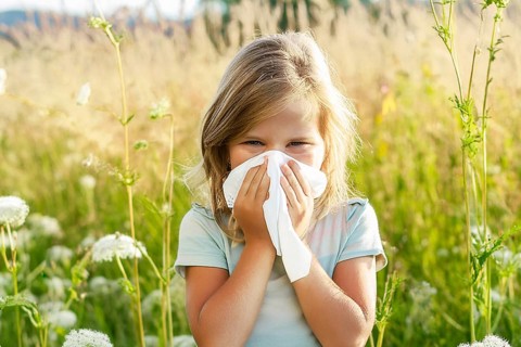 A little girl stands in a meadow of flowers and blows her nose with a handkerchief, surrounded by