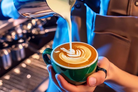A barista pours milk into a coffee cup and creates latte art in the shape of a leaf in a cosy café,