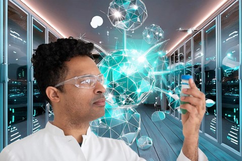 A man in a white coat with protective goggles looks at a test tube in front of a futuristic,