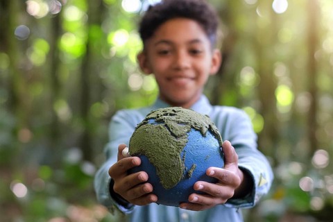 Smiling child holding a moss-covered globe against a background of green trees and sunshine, AI