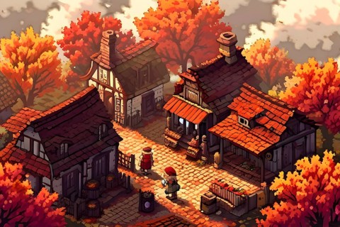 Pixel art style illustration of a cozy village in the ambience of autumn season, AI generated