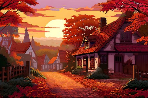 Pixel art style illustration of a cozy village in the ambience of autumn season, AI generated