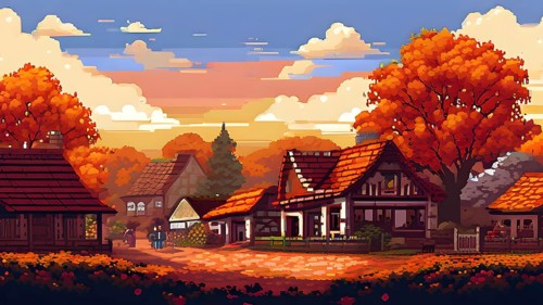 Pixel art style illustration of a cozy village in the ambience of autumn season, AI generated