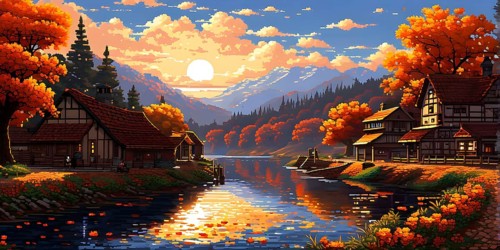 Pixel art style illustration of a cozy village in the ambience of autumn season, AI generated